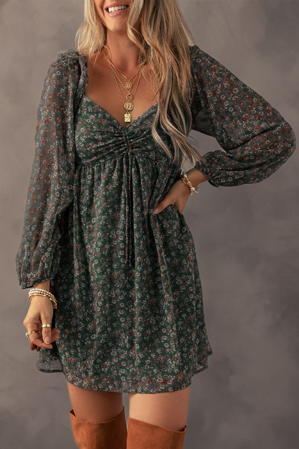 Floral Print Sweetheart Neck Shirred Back Dress