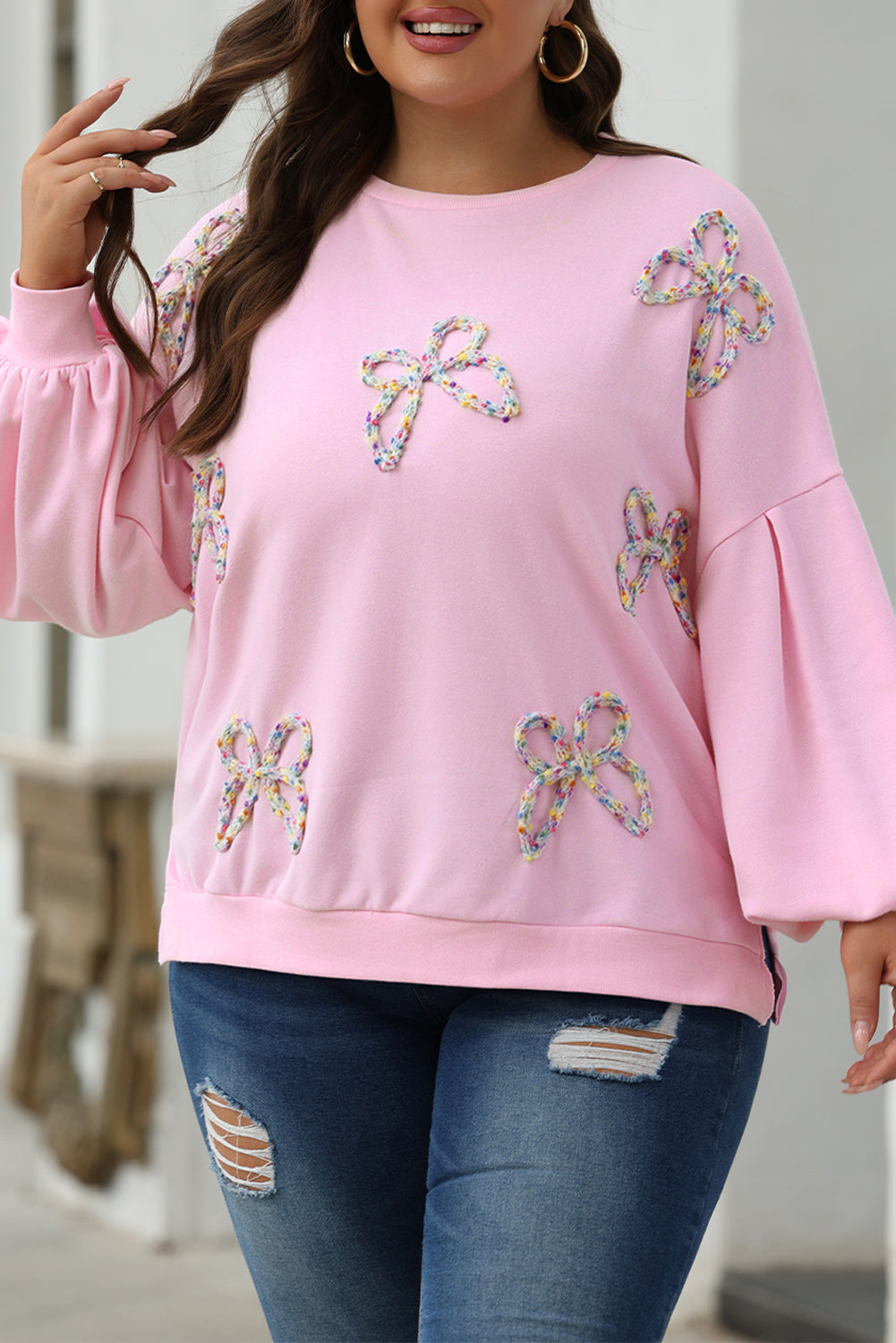 Light Pink Embroidered Bow Oversized Pullover Sweatshirt
