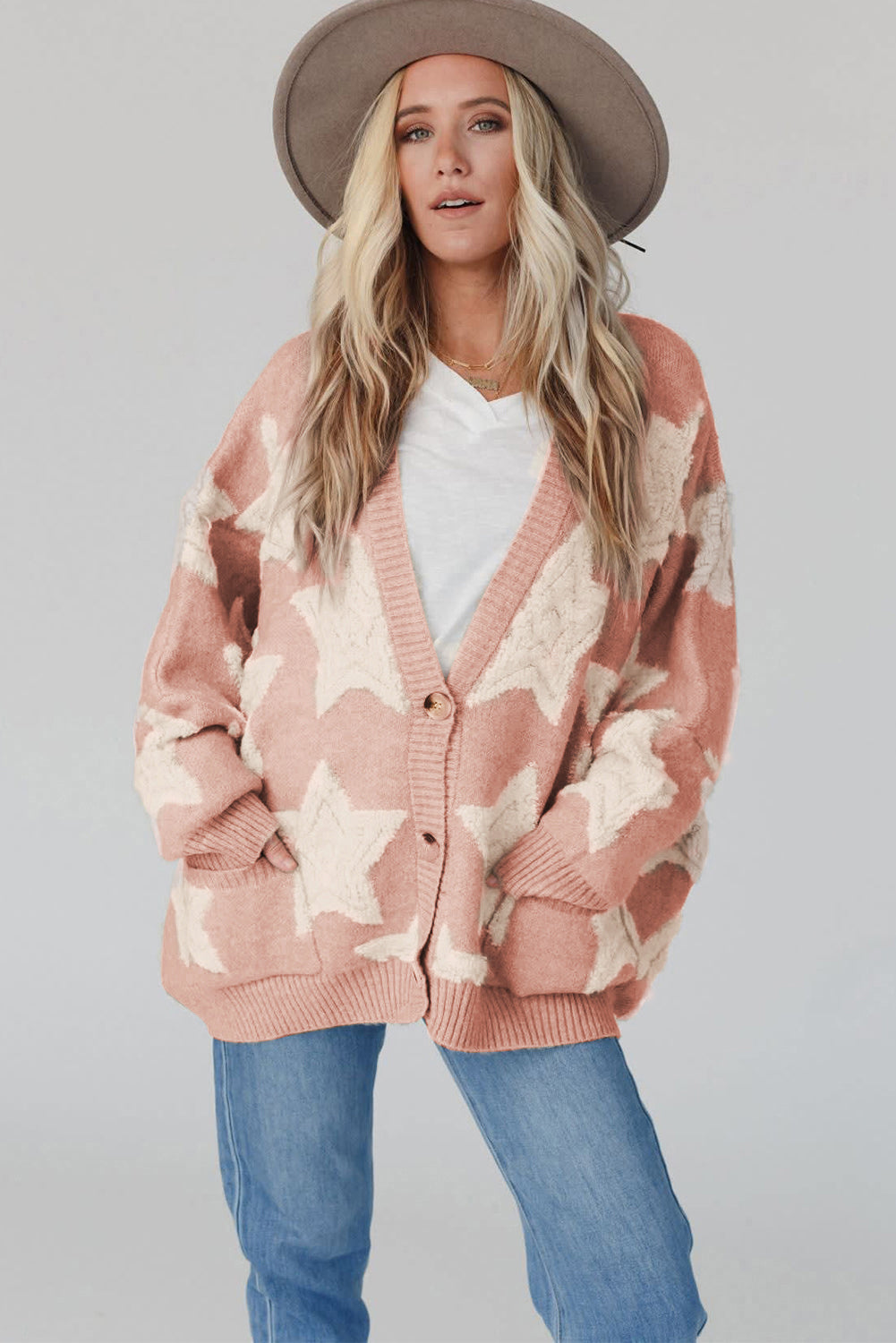 Sherpa Star Pattern Sweater Cardigan with Pockets