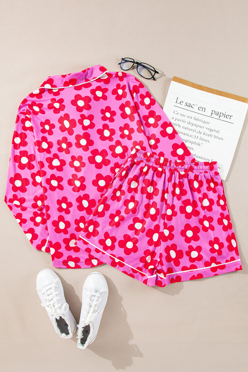 Pink Flower Long Sleeve Shirt, Shorts Pajamas Set