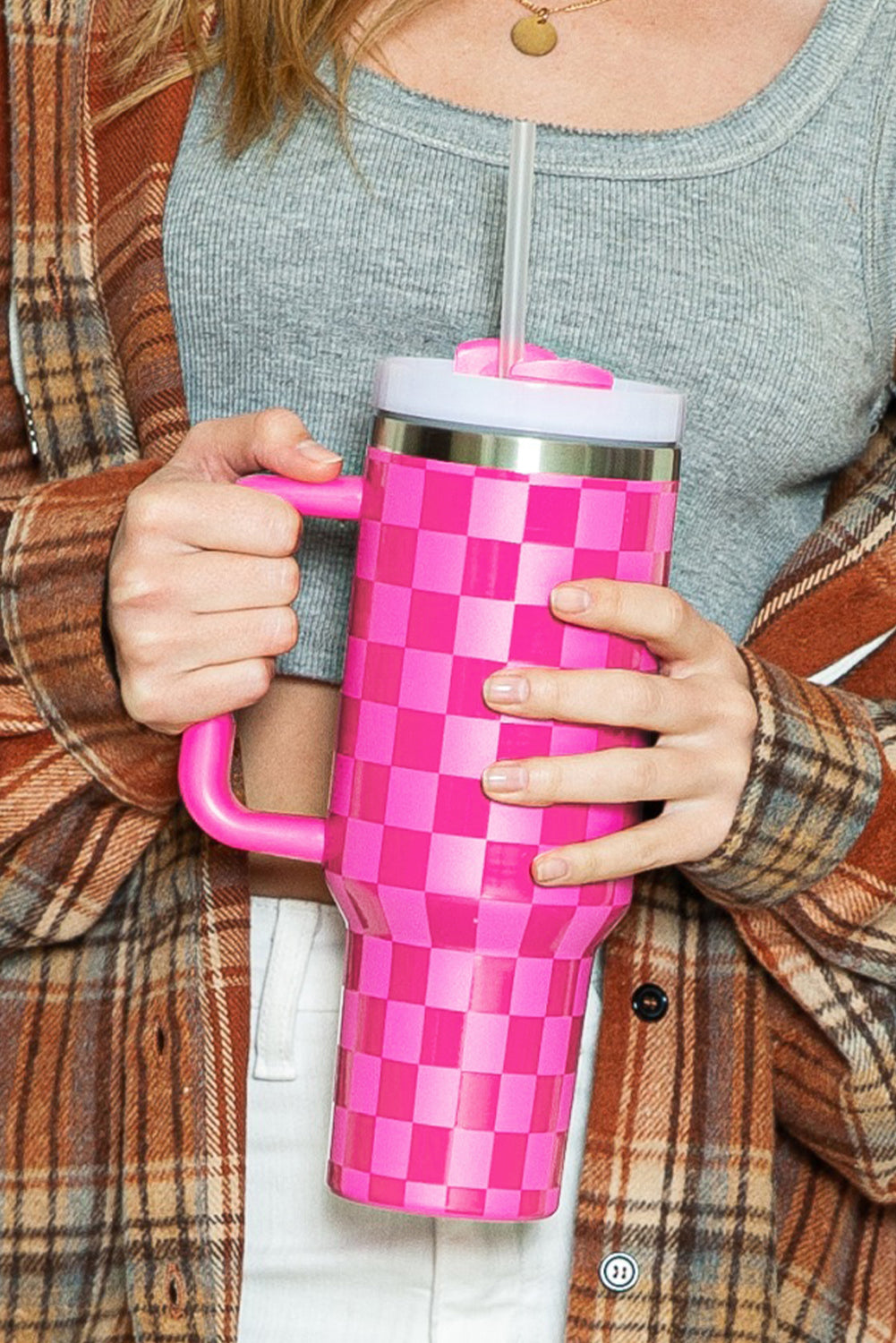 Bright Pink Checkered Stainless Steel 40oz Tumbler