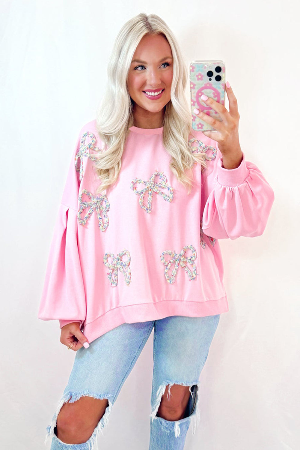 Light Pink Embroidered Bow Oversized Pullover Sweatshirt