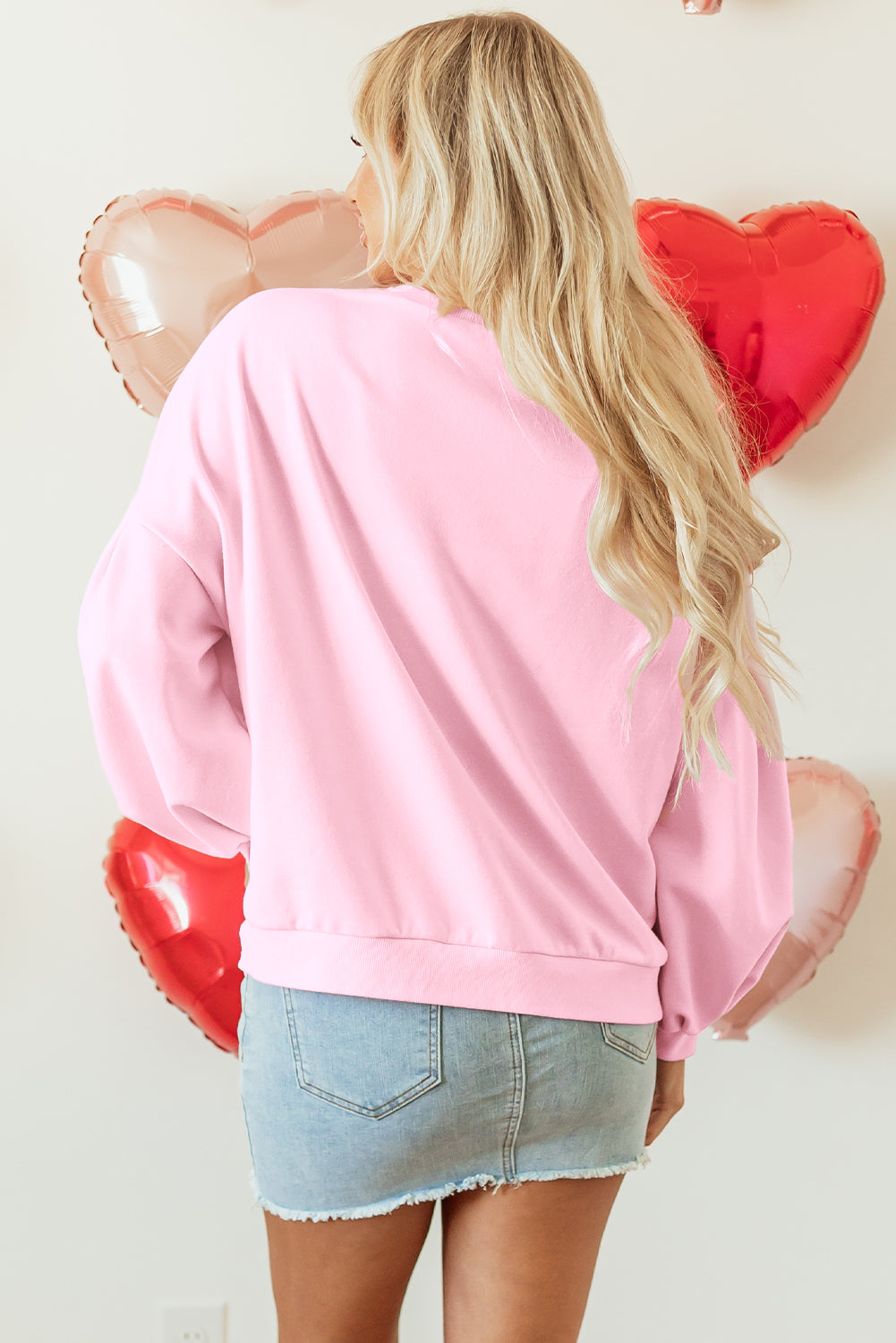 Light Pink Embroidered Bow Oversized Pullover Sweatshirt