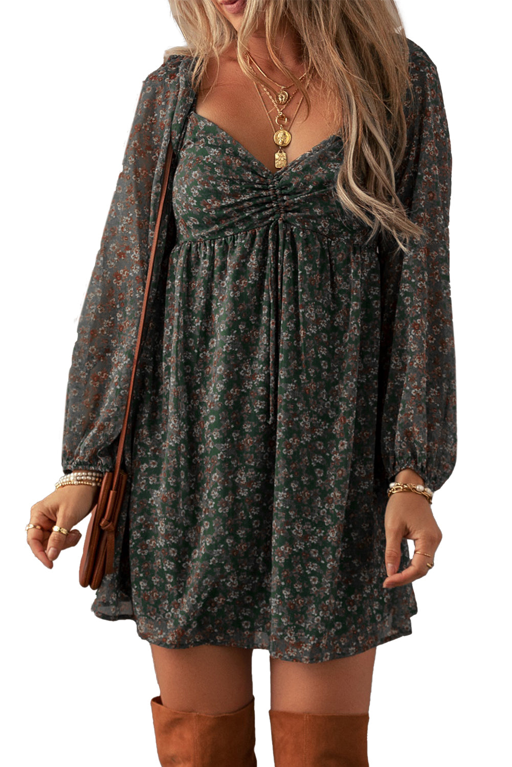 Floral Print Sweetheart Neck Shirred Back Dress