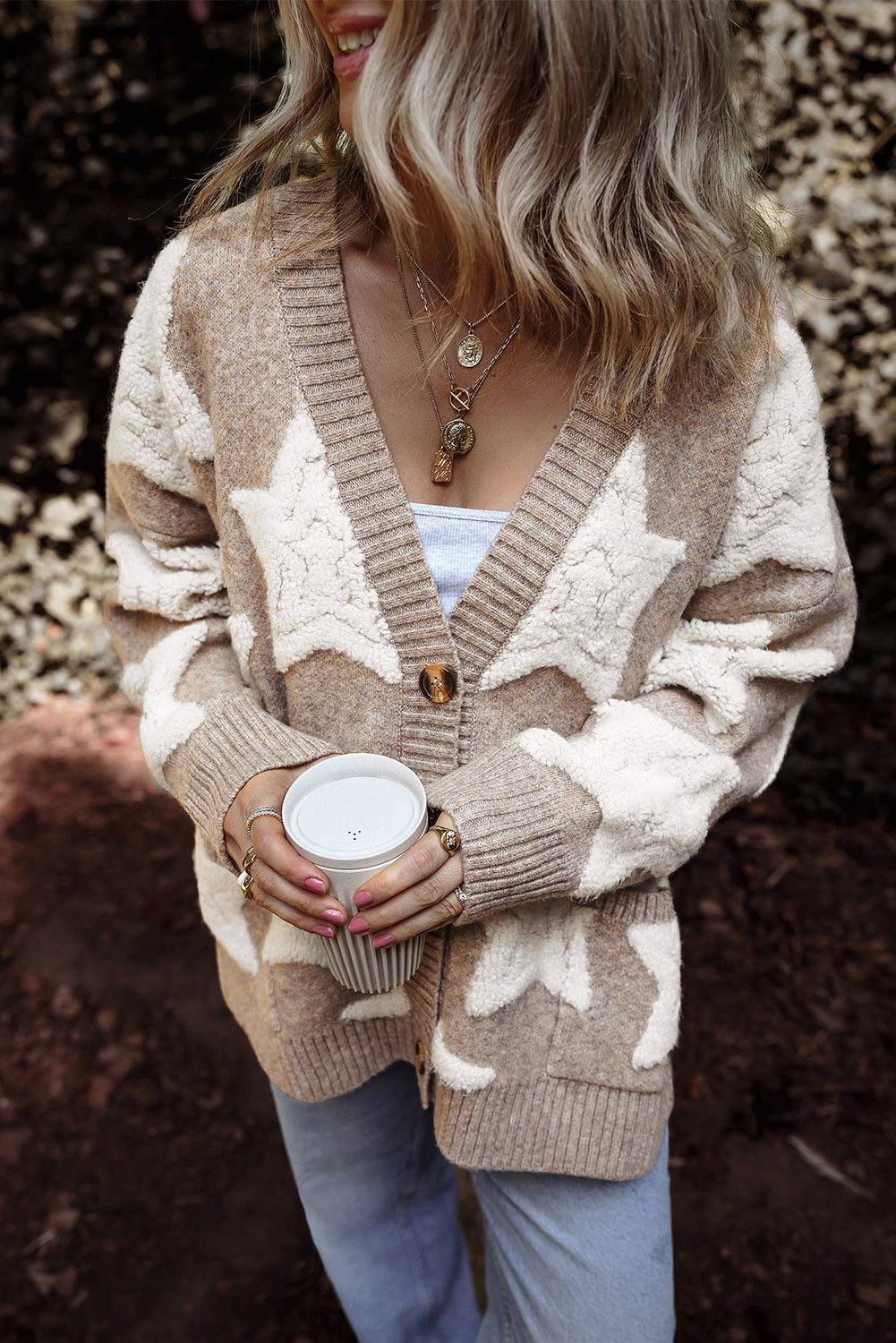 Sherpa Star Pattern Sweater Cardigan with Pockets