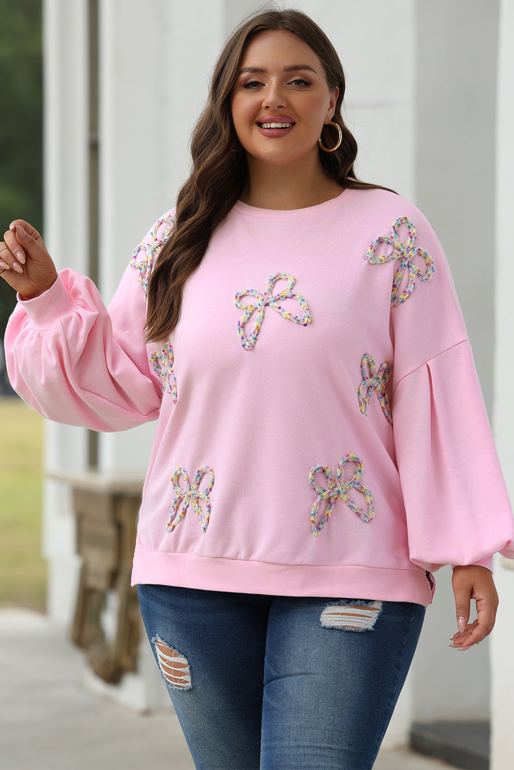 Light Pink Embroidered Bow Oversized Pullover Sweatshirt