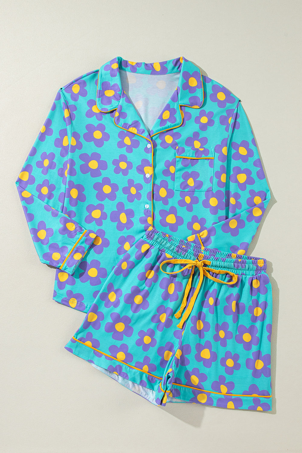 Pink Flower Long Sleeve Shirt, Shorts Pajamas Set