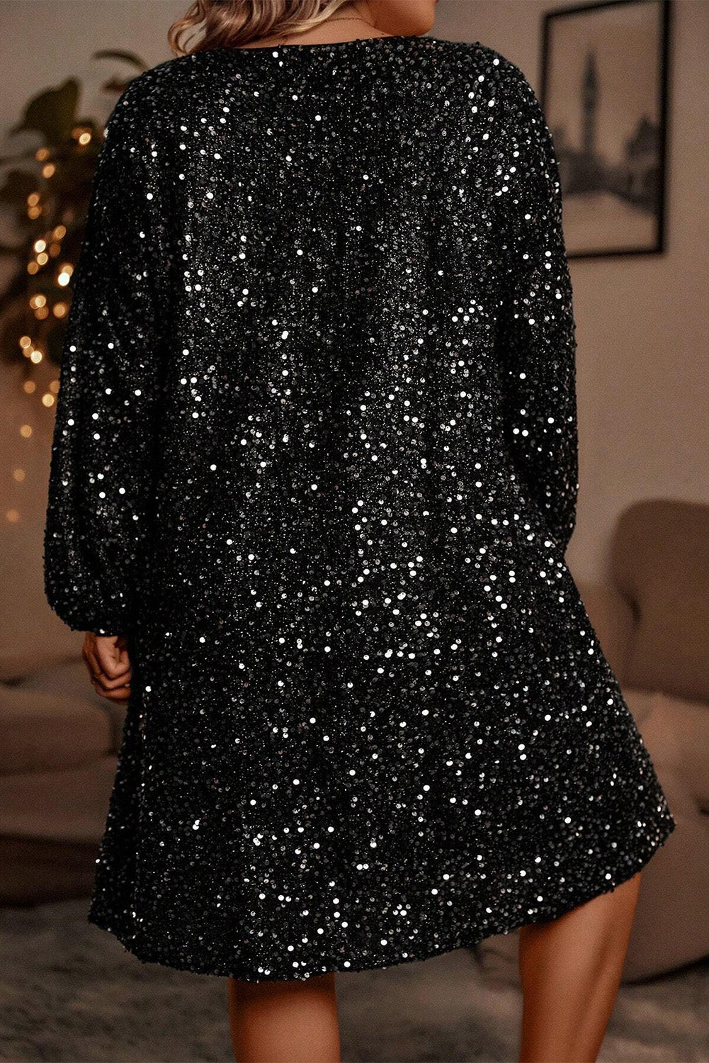 Black Plus Size V Neck Sequin Dress
