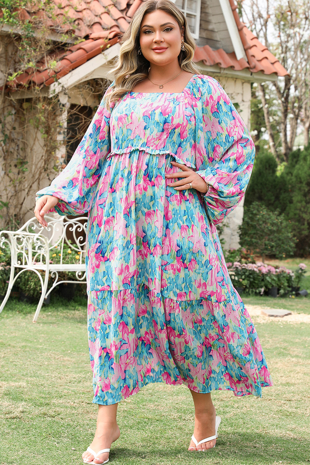 Floral Print Shirred Square Neck Plus Size Dress