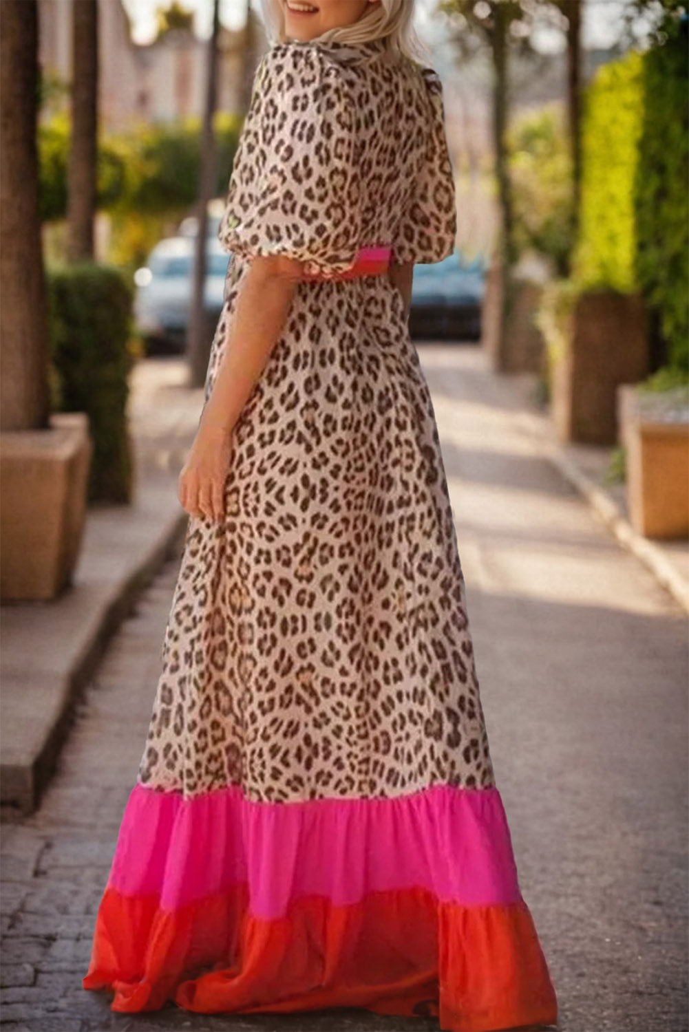 Bright Pink Leopard Bubble Sleeve Maxi Dress