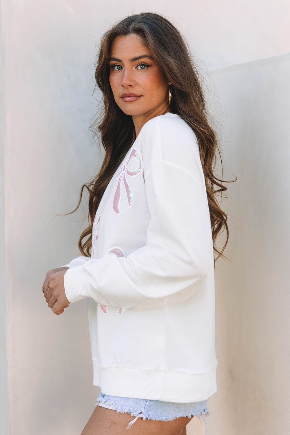 Beige Bow Drop Shoulder Loose Sweatshirt