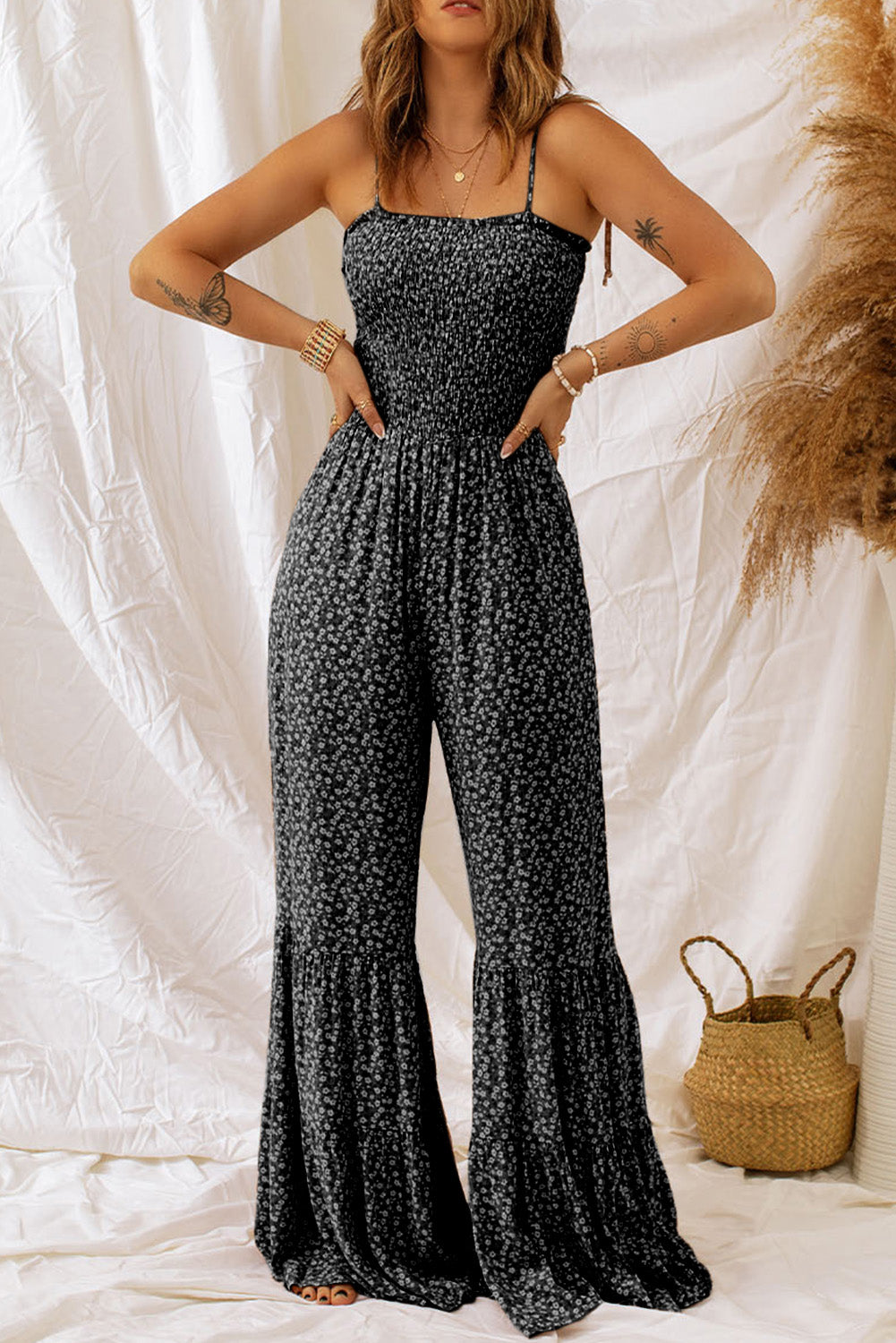 Khaki Smocked Bodice Floral Jumpsuit