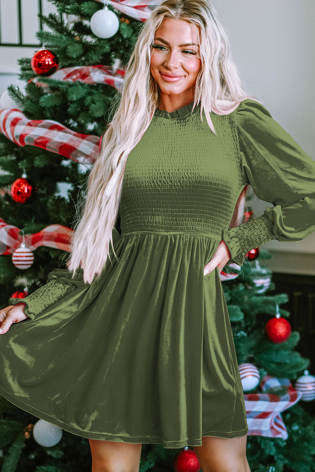 Frilled Neck Smocked Velvet Dress