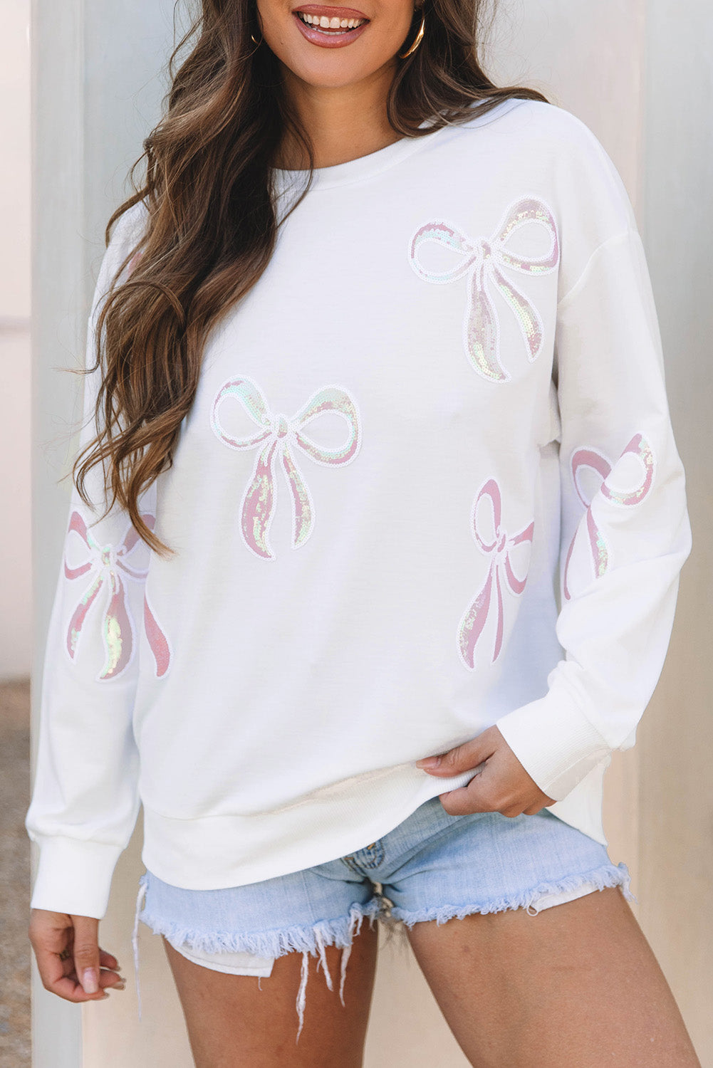 Beige Bow Drop Shoulder Loose Sweatshirt