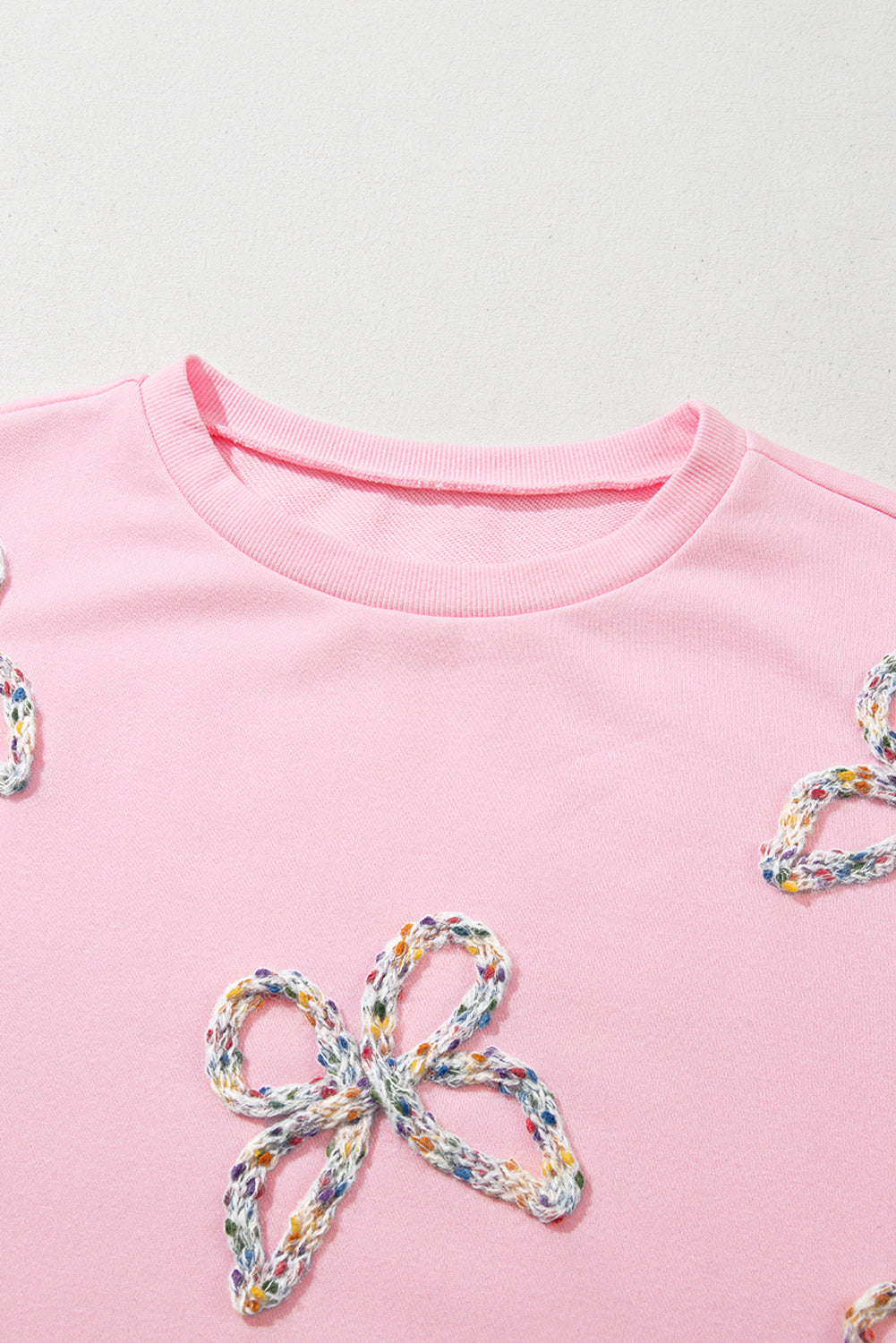Light Pink Embroidered Bow Oversized Pullover Sweatshirt