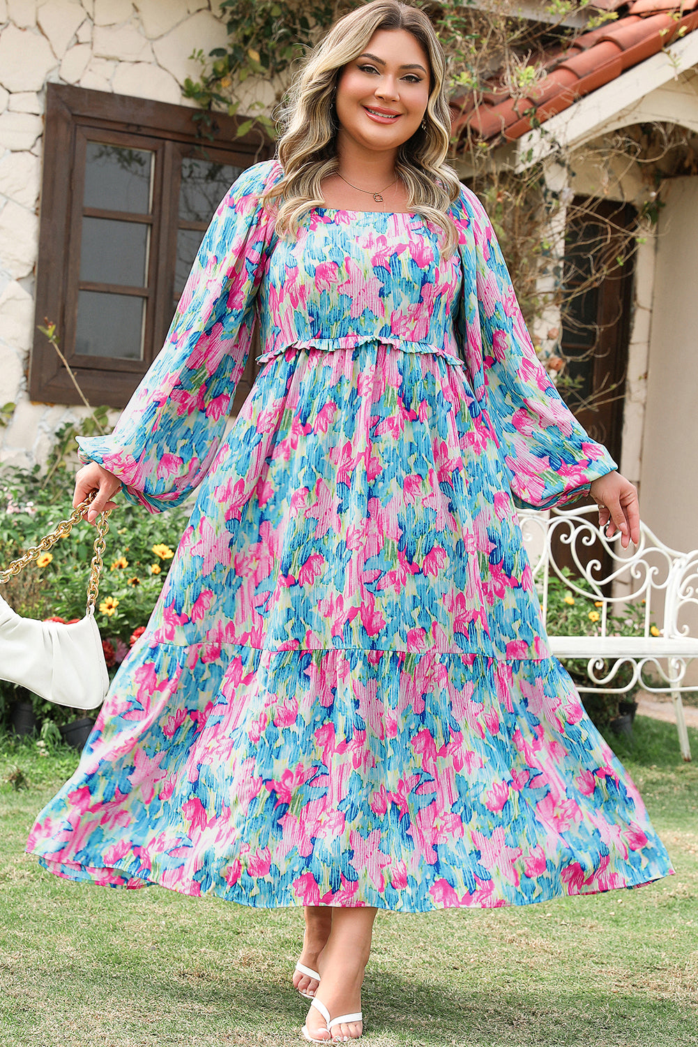 Floral Print Shirred Square Neck Plus Size Dress