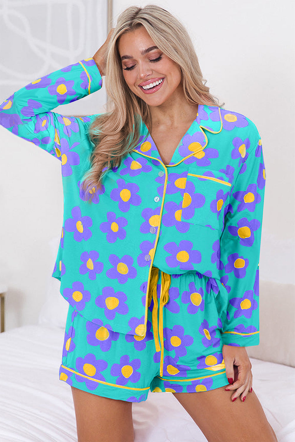 Pink Flower Long Sleeve Shirt, Shorts Pajamas Set