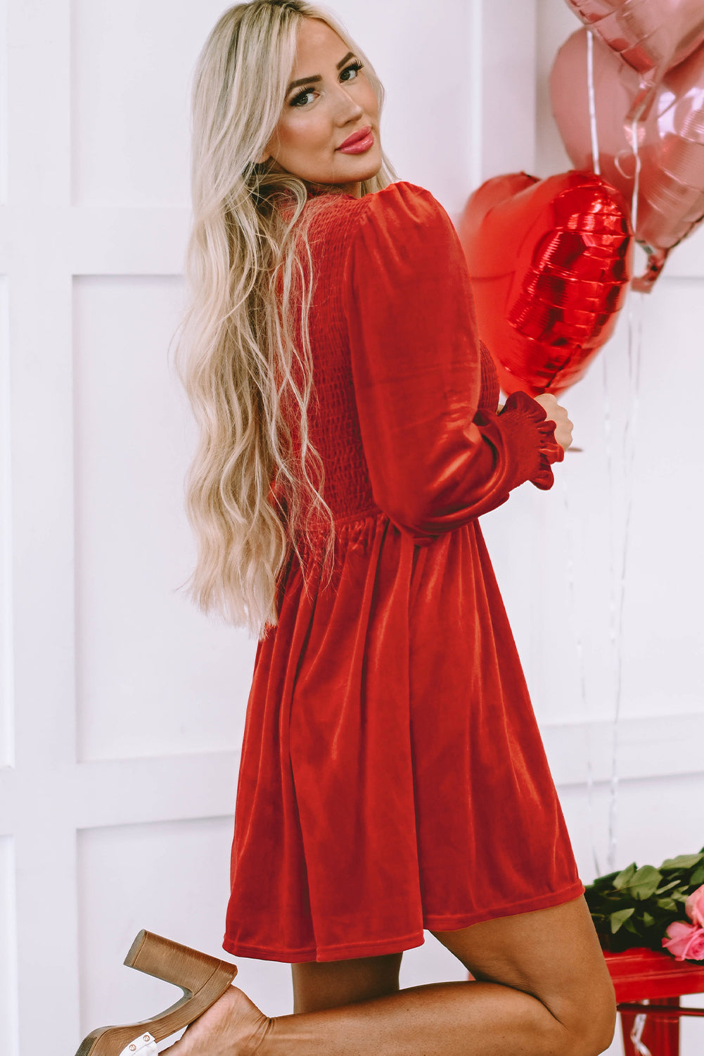 Frilled Neck Smocked Velvet Dress