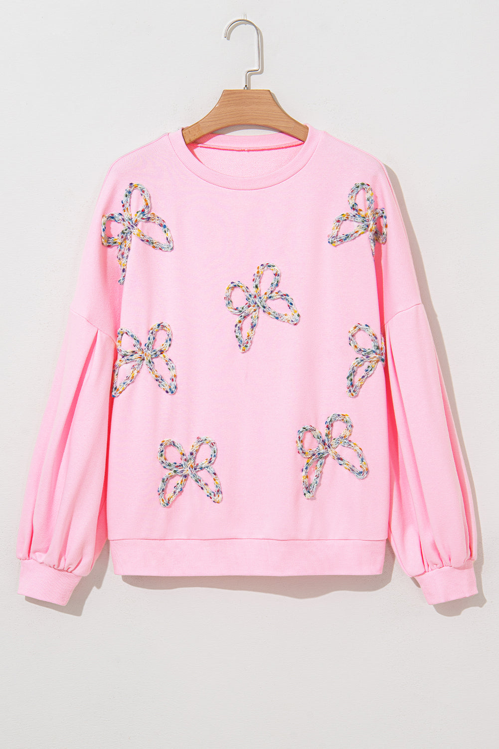 Light Pink Embroidered Bow Oversized Pullover Sweatshirt