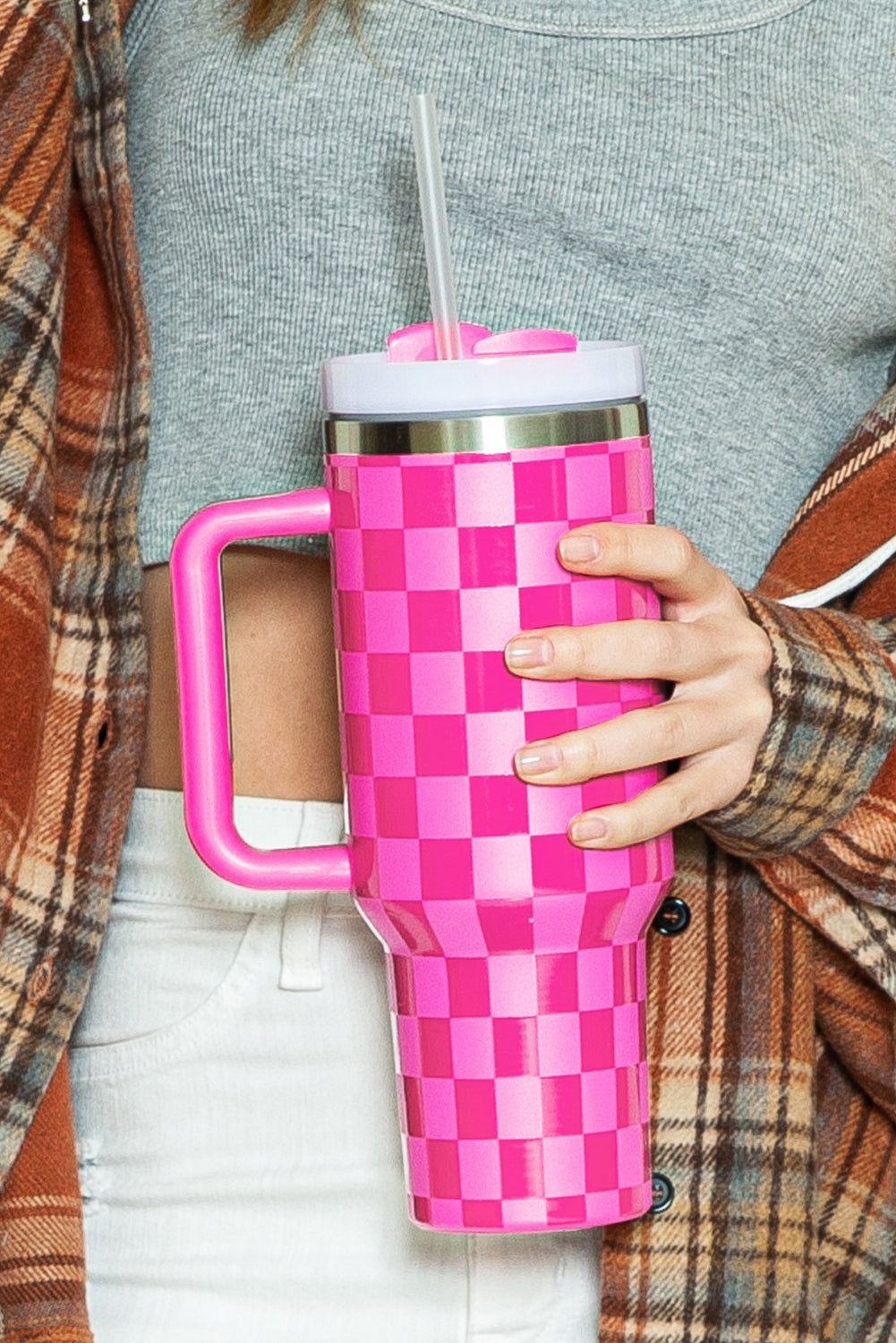 Bright Pink Checkered Stainless Steel 40oz Tumbler