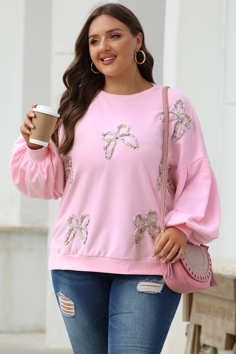 Light Pink Embroidered Bow Oversized Pullover Sweatshirt