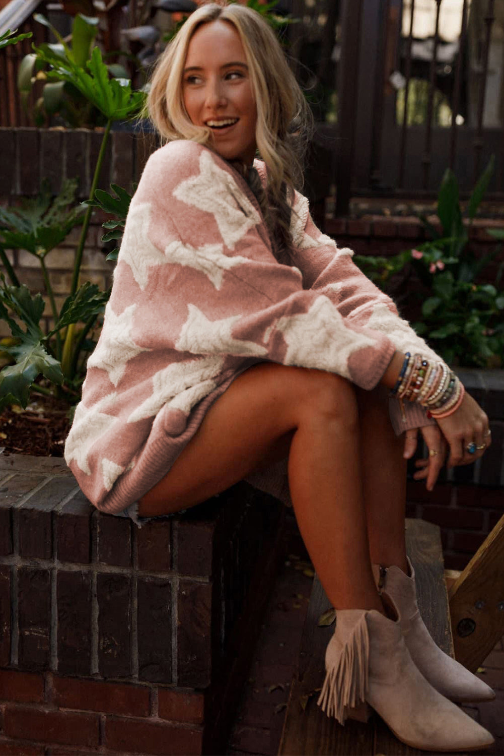 Sherpa Star Pattern Sweater Cardigan with Pockets