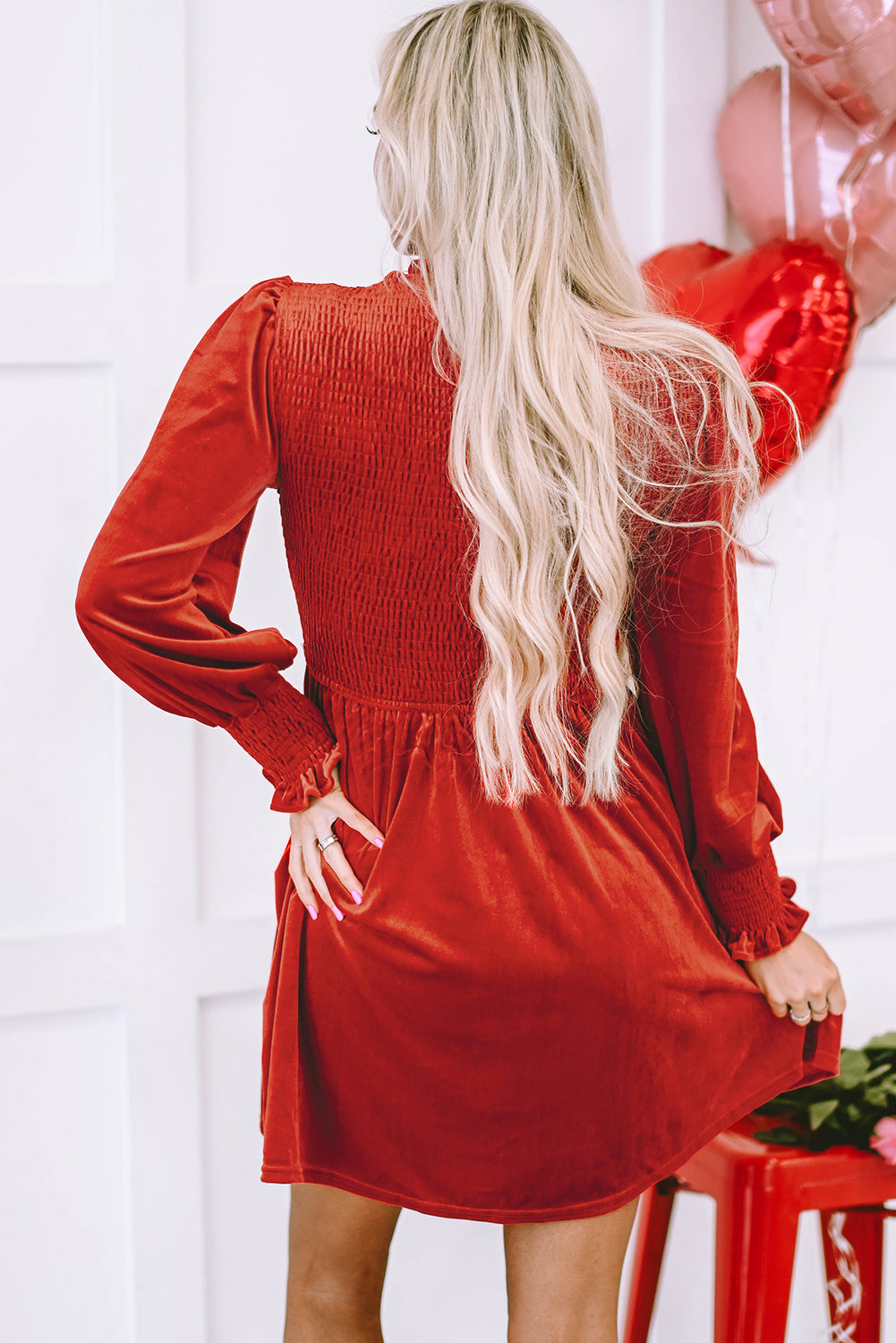 Frilled Neck Smocked Velvet Dress