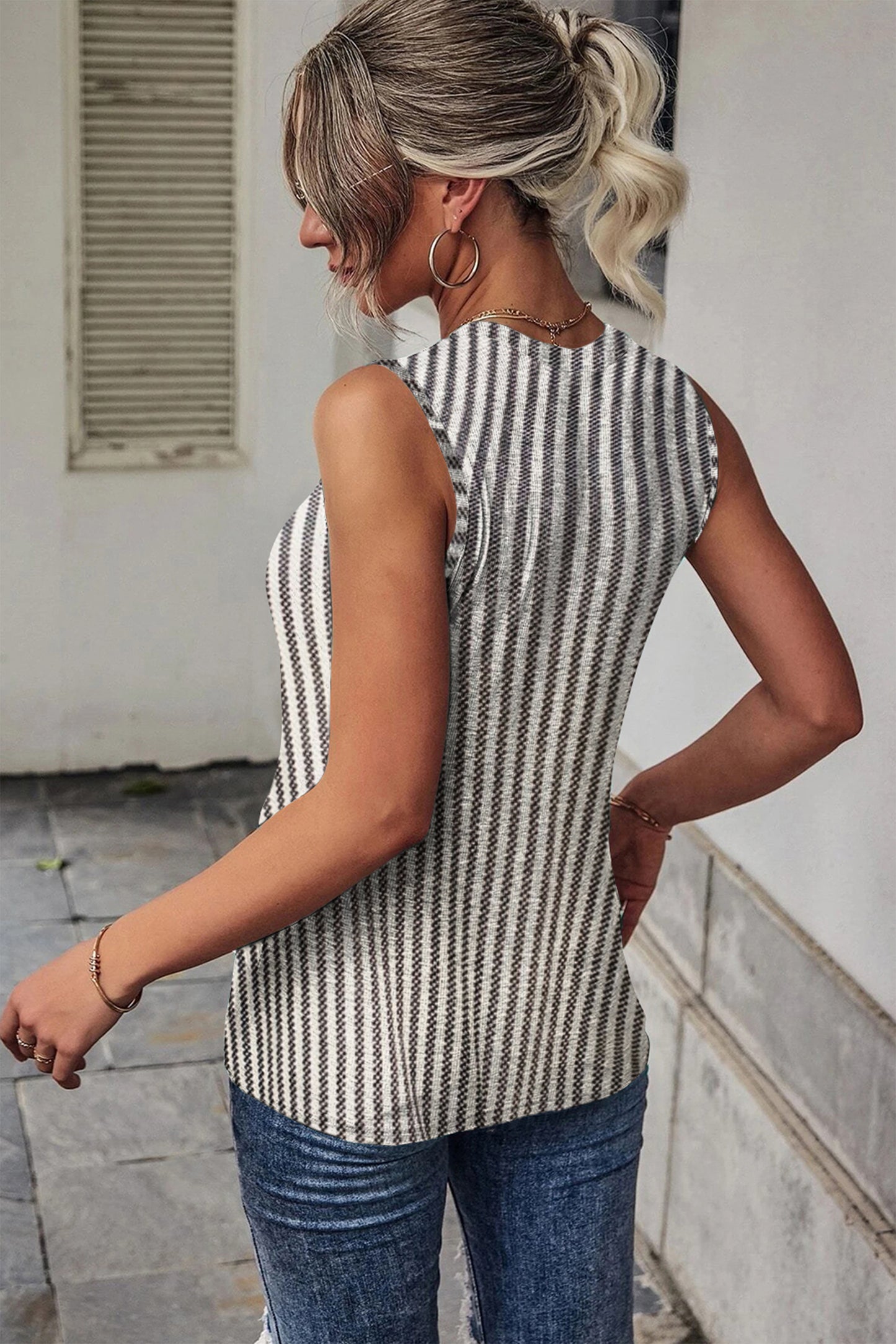 Gray Striped Cutout Twist Tank Top
