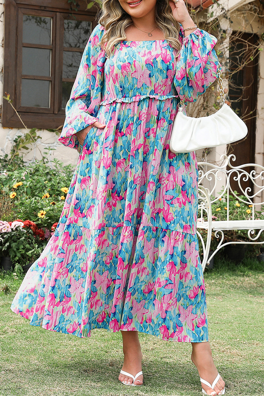 Floral Print Shirred Square Neck Plus Size Dress
