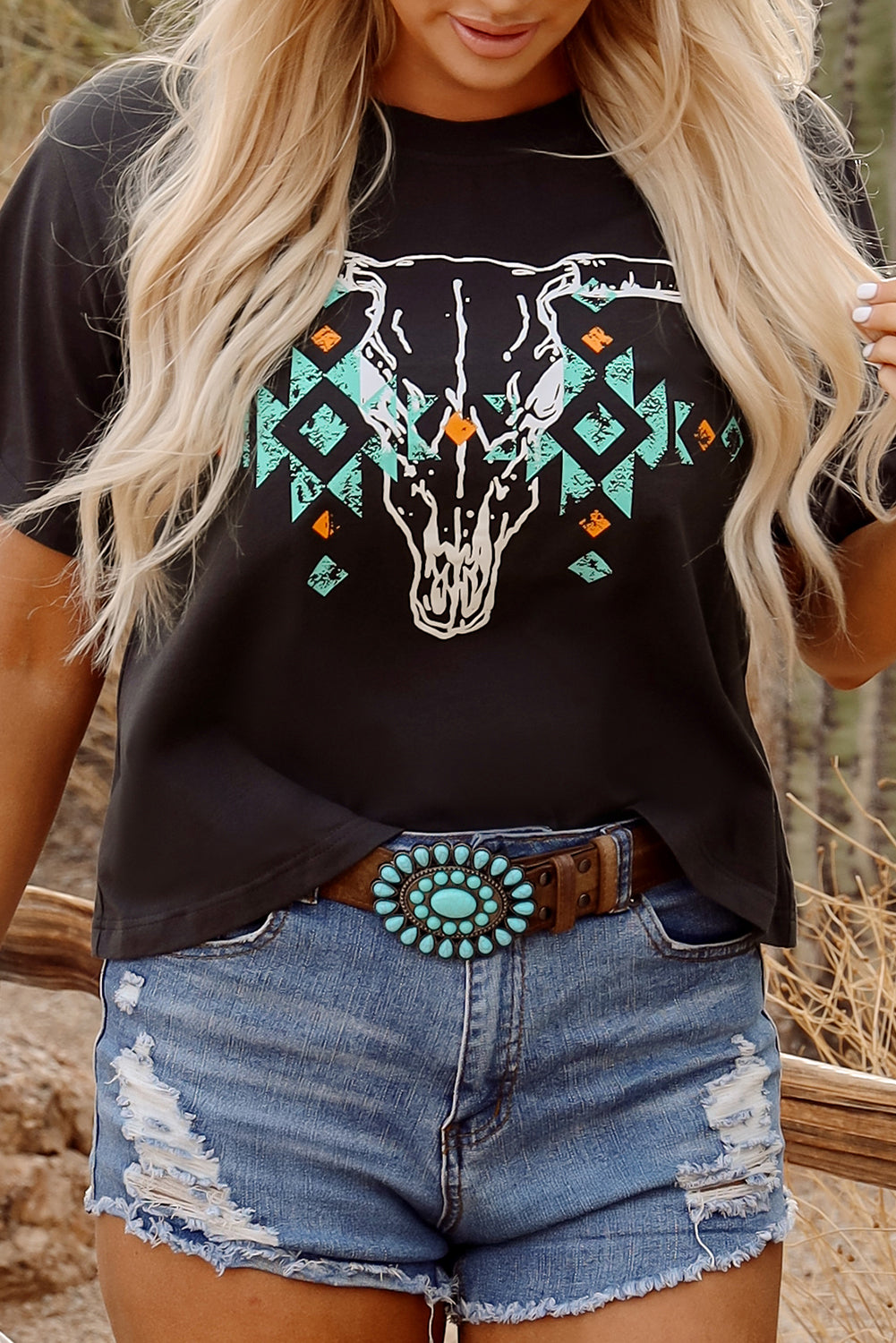Western Bull Head Skull Turquoise Aztec Graphic Tee
