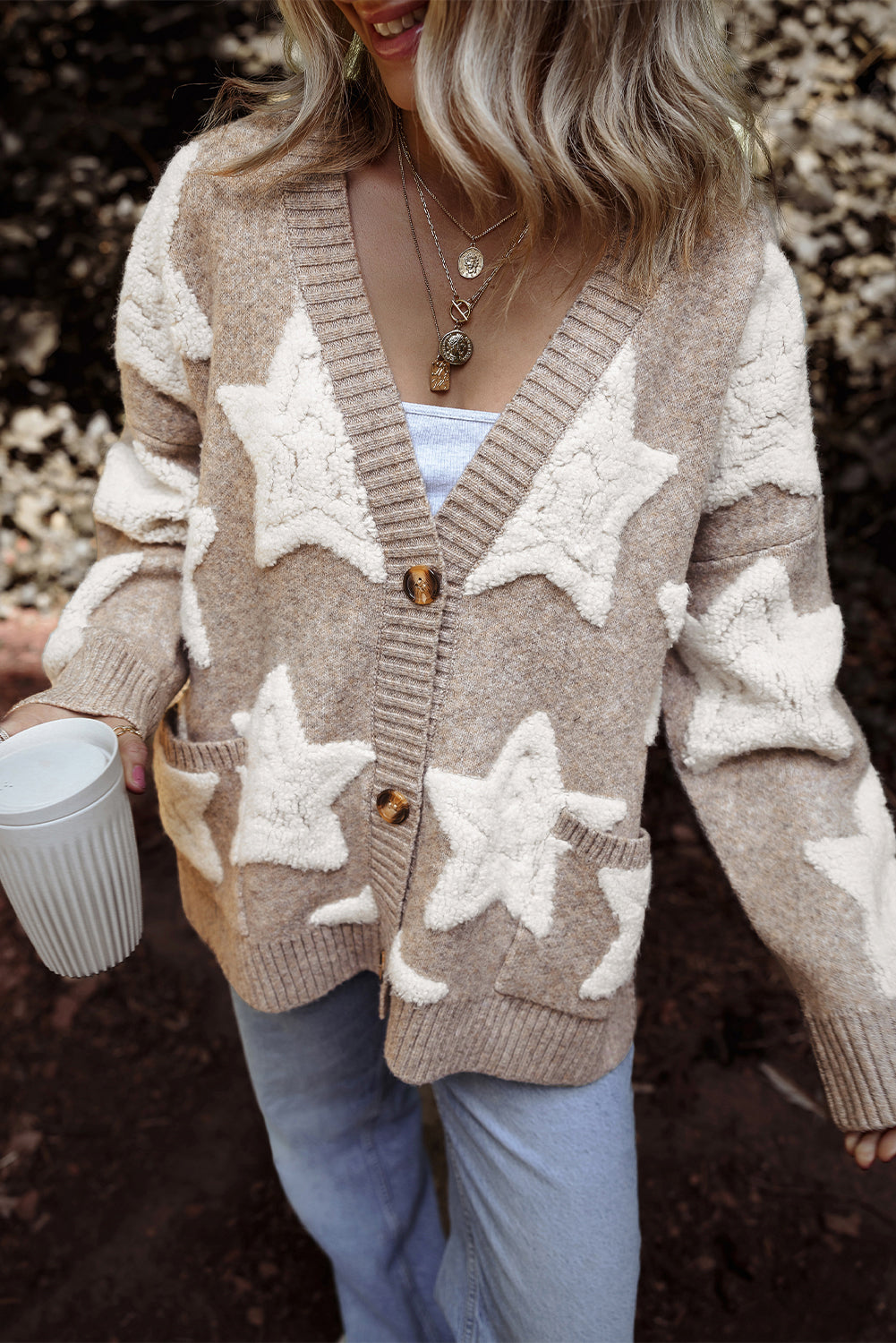 Sherpa Star Pattern Sweater Cardigan with Pockets
