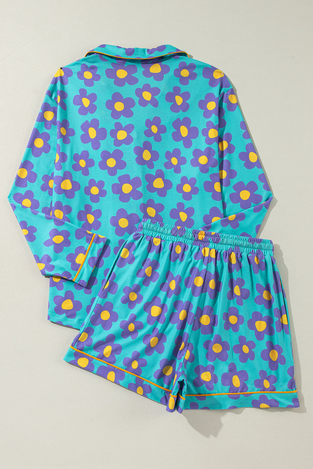 Pink Flower Long Sleeve Shirt, Shorts Pajamas Set