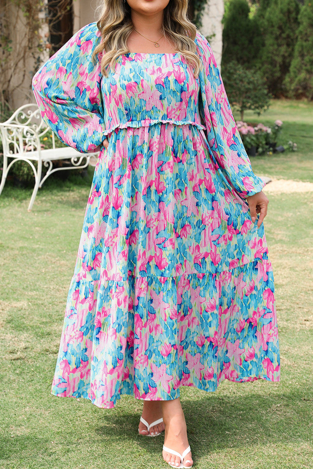 Floral Print Shirred Square Neck Plus Size Dress