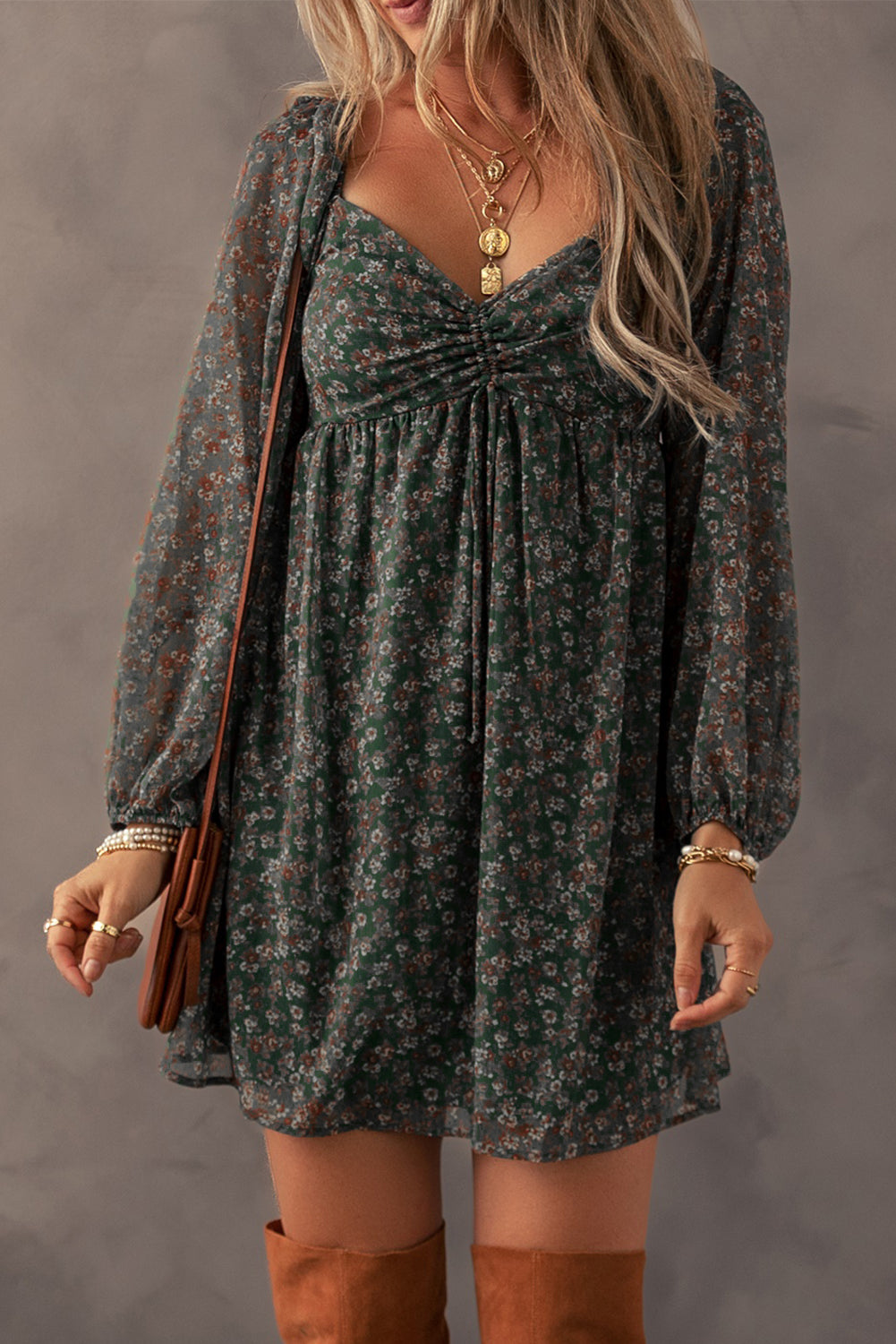 Floral Print Sweetheart Neck Shirred Back Dress