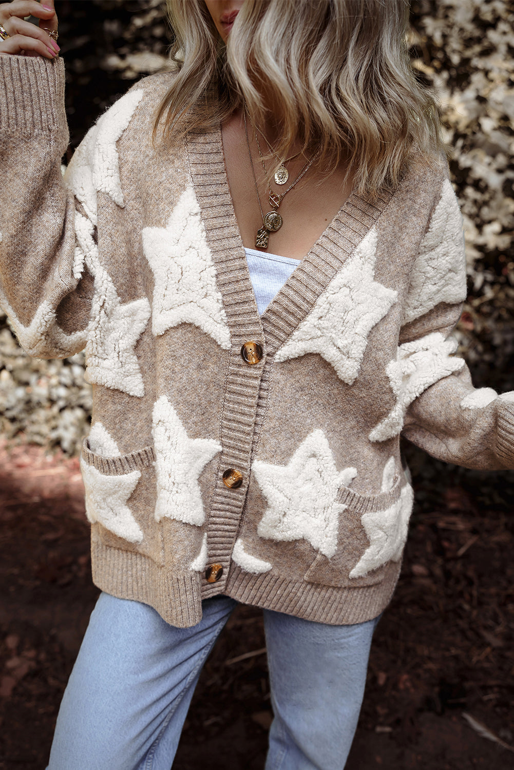Sherpa Star Pattern Sweater Cardigan with Pockets