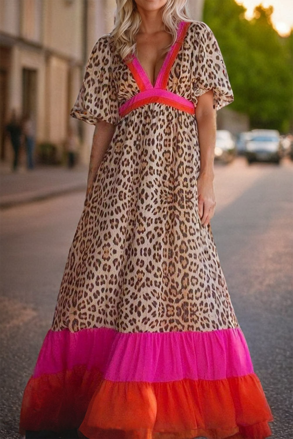 Bright Pink Leopard Bubble Sleeve Maxi Dress