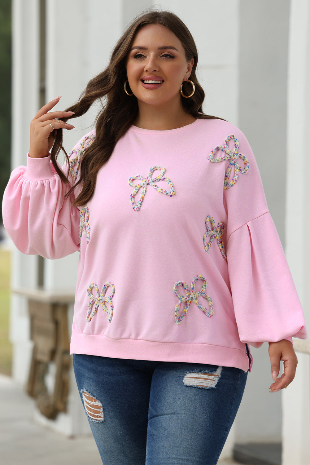 Light Pink Embroidered Bow Oversized Pullover Sweatshirt