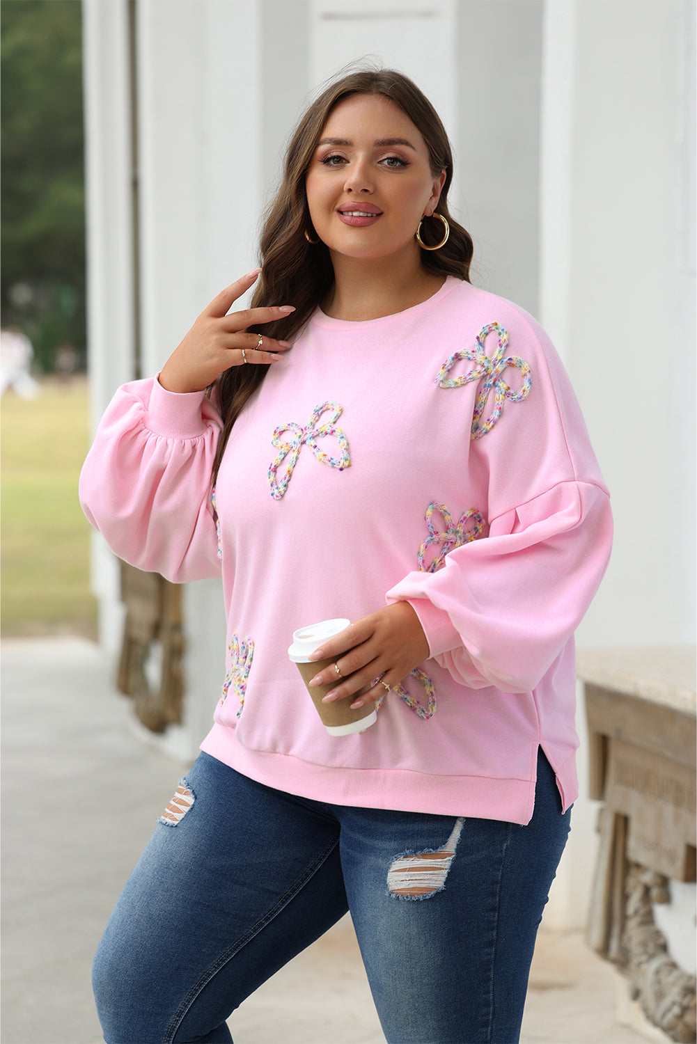 Light Pink Embroidered Bow Oversized Pullover Sweatshirt