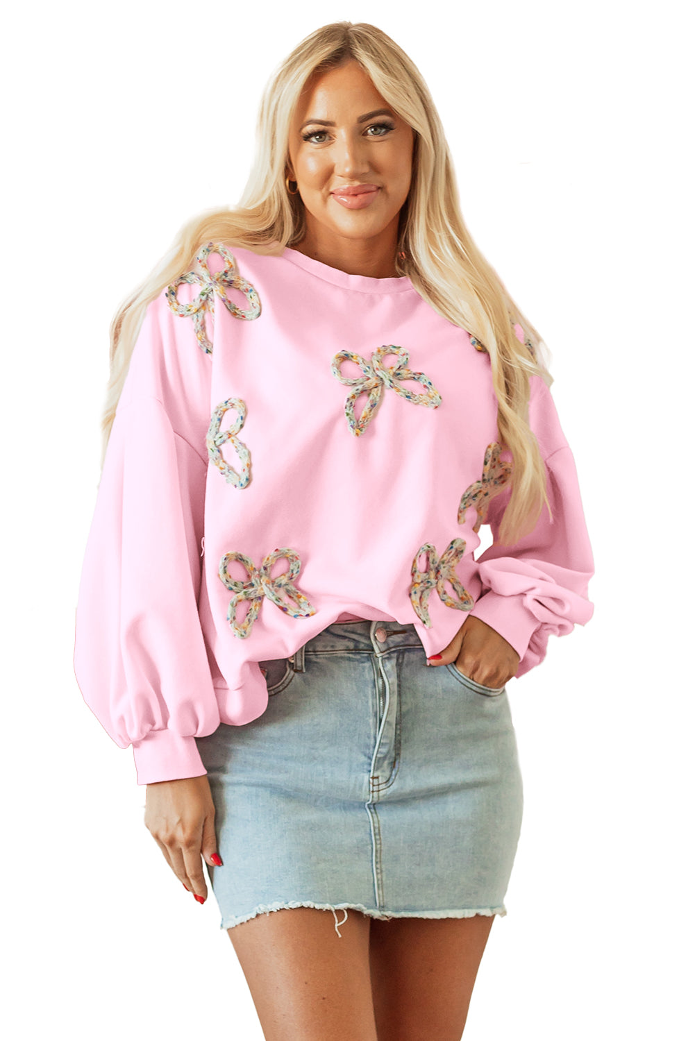 Light Pink Embroidered Bow Oversized Pullover Sweatshirt