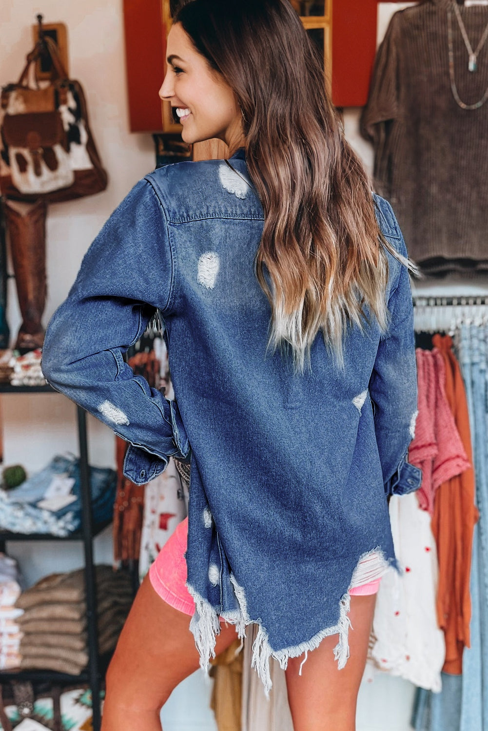 Beau Blue Light Wash Distressed Frayed Long Denim Jacket