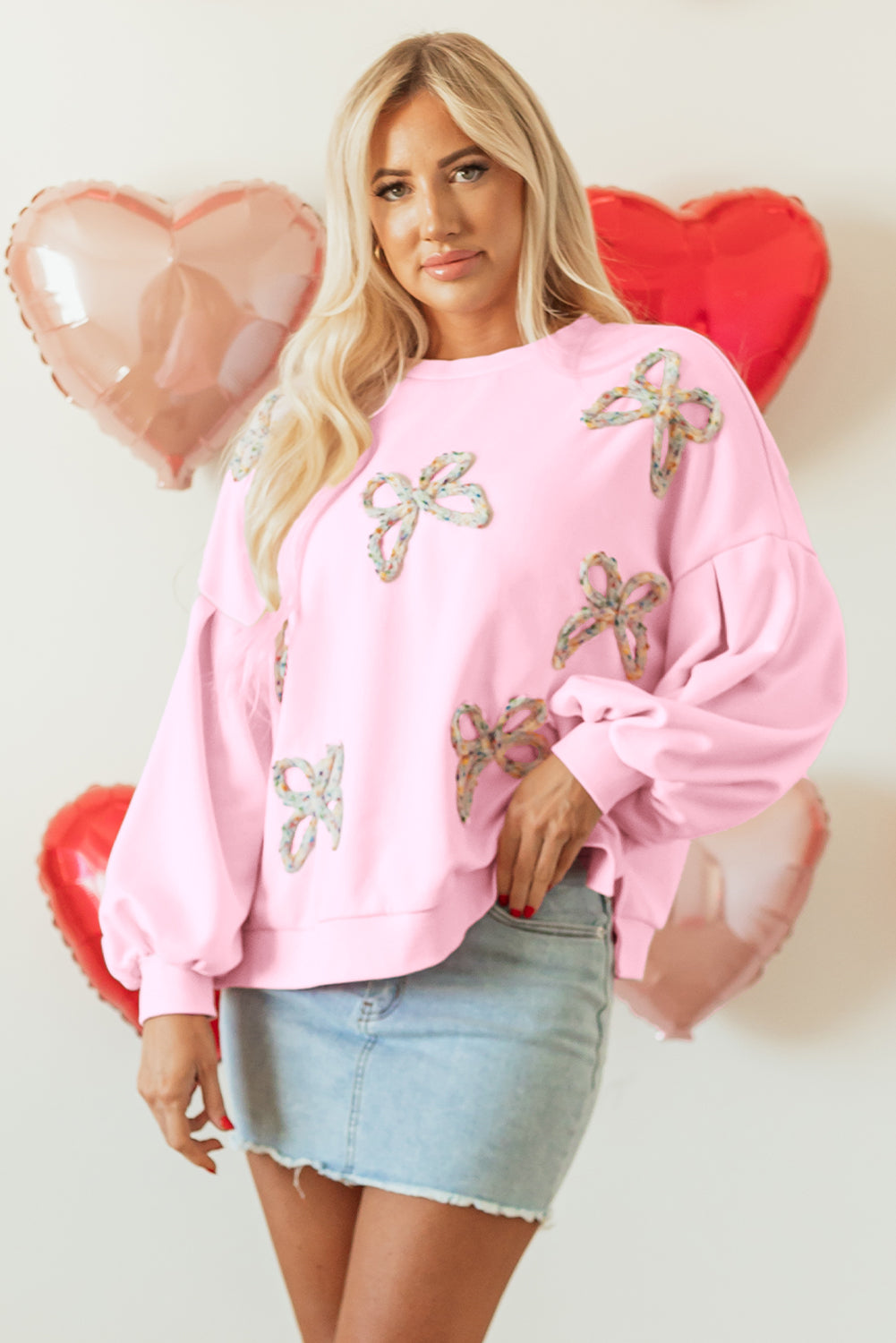 Light Pink Embroidered Bow Oversized Pullover Sweatshirt