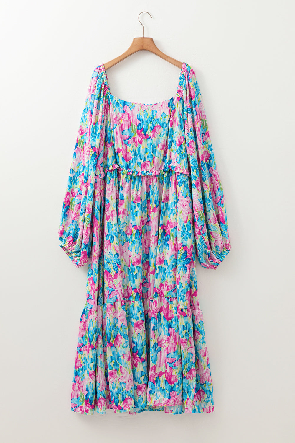 Floral Print Shirred Square Neck Plus Size Dress