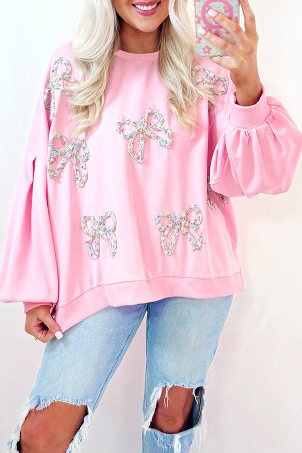 Light Pink Embroidered Bow Oversized Pullover Sweatshirt