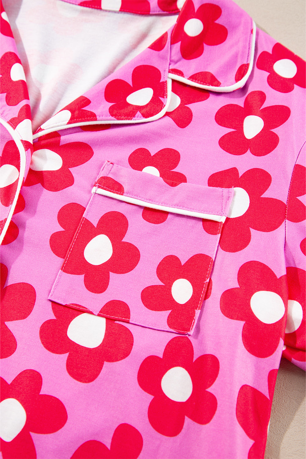 Pink Flower Long Sleeve Shirt, Shorts Pajamas Set