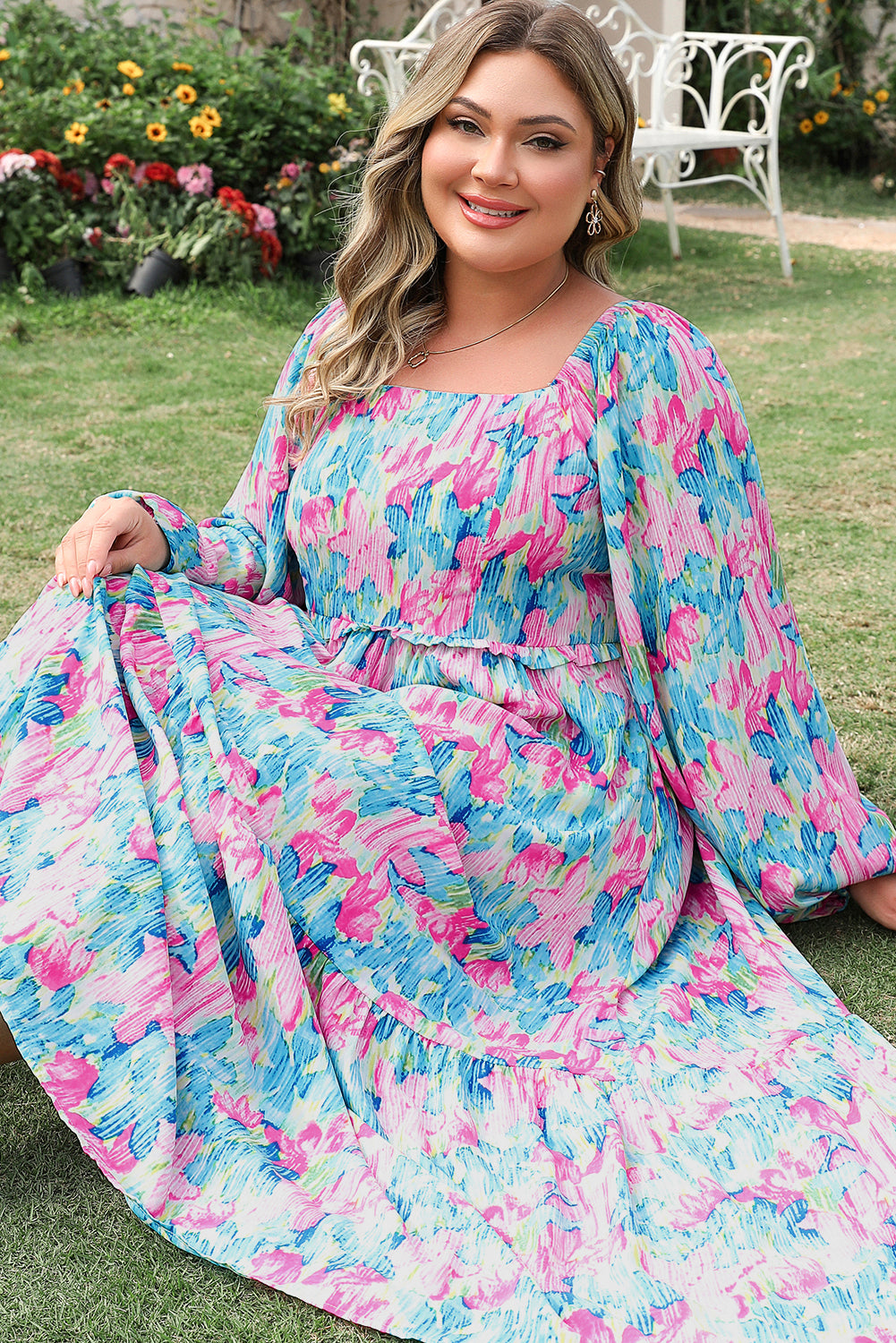 Floral Print Shirred Square Neck Plus Size Dress