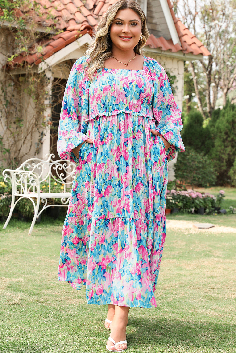 Floral Print Shirred Square Neck Plus Size Dress