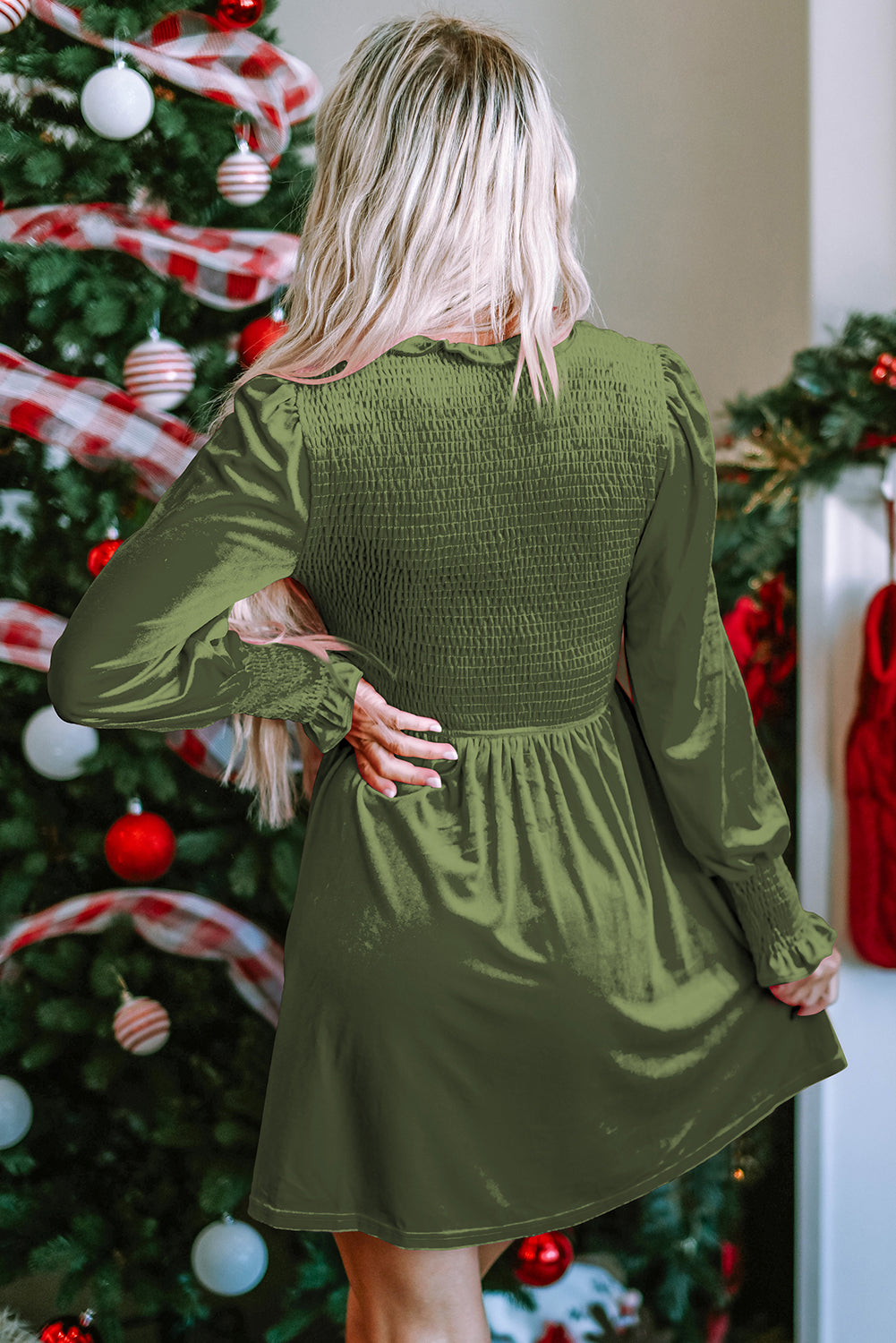 Frilled Neck Smocked Velvet Dress