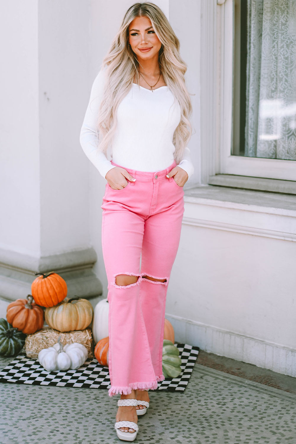 Pink Vintage High Waist Flare Leg Jeans