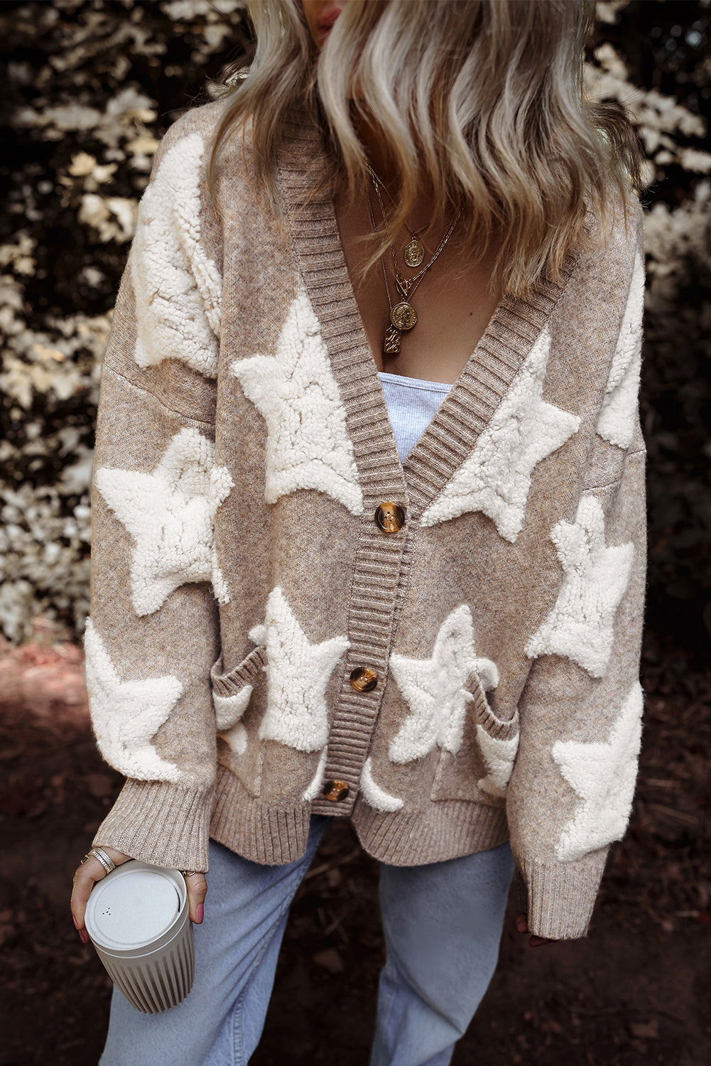 Sherpa Star Pattern Sweater Cardigan with Pockets