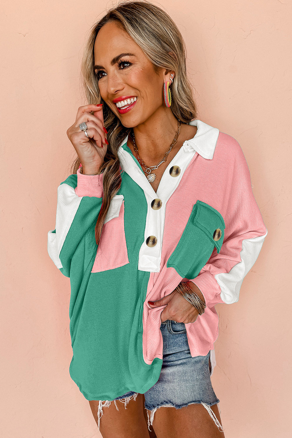 Colorblock Ribbed Collared Oversized Sweatshirt